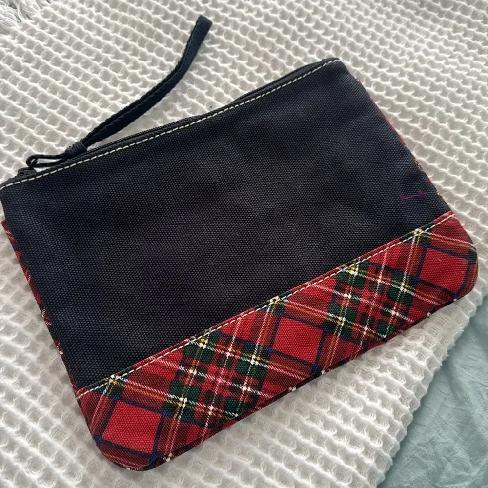 LN! *Lands End* Plaid Trim Classic Navy Red Plaid Clutch Travel Case
